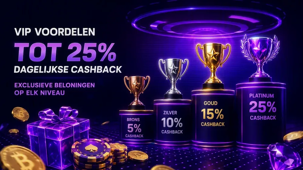 VIP niveaus met gouden trofeeën en cashback percentages